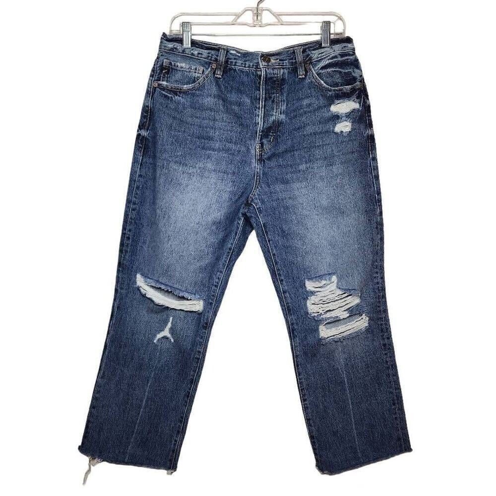 Kancan Women Jeans, Medium Dark Distressed Button Fly Straight Jeans, Sz 11/29